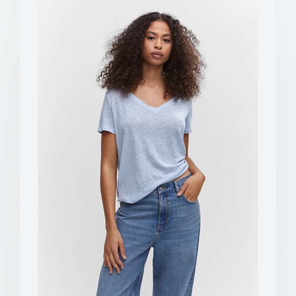 Mango Tops - Mango MNG V-Neck Linen T-Shirt sky blue size large